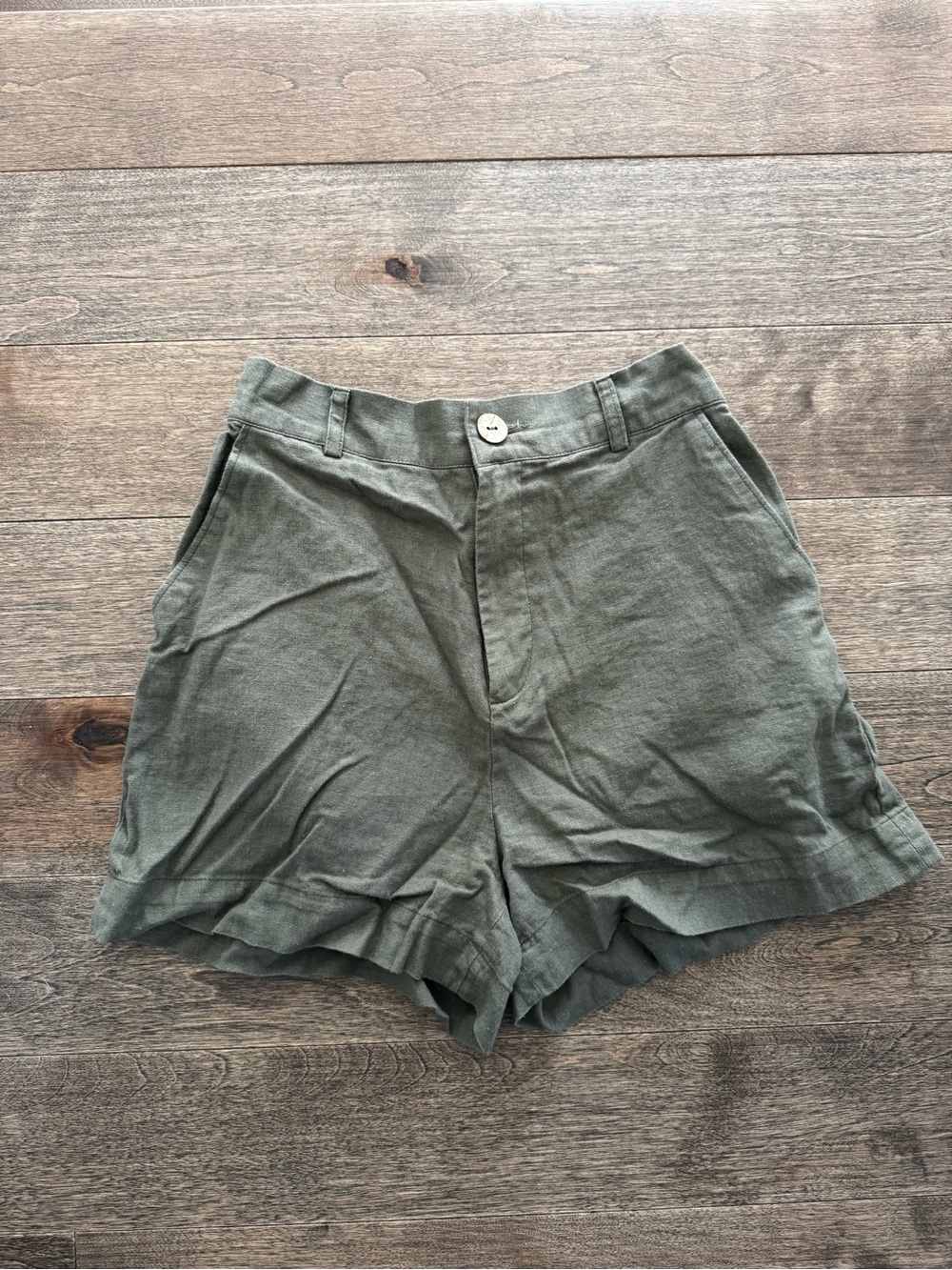 Olive Green High-Waist Linen Blend Shorts
